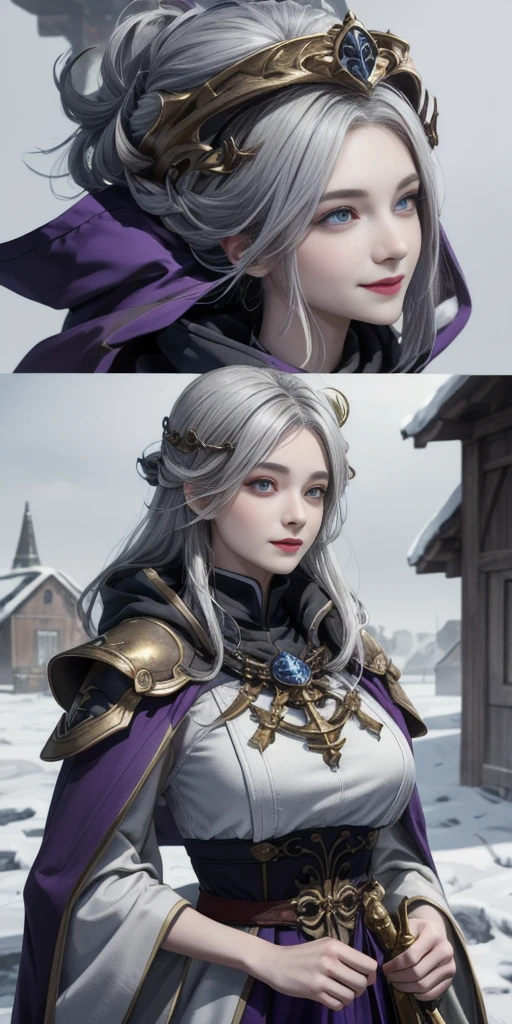 (Triplets)(chest covered)(smile)Gray skin, pale golden hair and violet eyes. They prefer clothing of white and silver with cloaks of deep blue or purple,village background, huge_knockers, ((very precise detailed)), ((highres)