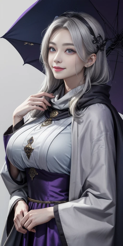(Triplets)(chest covered)(smile)Gray skin, pale golden hair and violet eyes. They prefer clothing of white and silver with cloaks of deep blue or purple,village background, huge_knockers, ((very precise detailed)), ((highres)