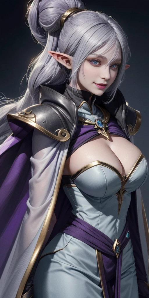 (Female drow elf chest covered very purple skin)(smile) pale golden hair and violet eyes. They prefer clothing of white and silver with cloaks of deep blue or purple, village background, huge knockers, ((very precise detailed)), ((high res)