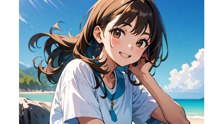 (masterpiece, highest quality, highest quality, Official Art, beautifully、beautiful:1.2), 1 girl,Daytime,blue sky,Sandy Beach,Cute older sister,Short sleeve,Upper Body,front,Semi-long hair,Hair color: Brown,Smile with mouth slightly open,Head to Knee