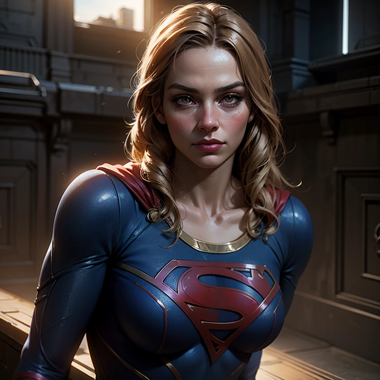 Supergirl, above the city, preparing for battle, detailed artistic photography, beautiful detailed face, dreamy, glowing, backlit, glamour, glow, shadows, oil on canvas, brush strokes, soft, ultra high definition, 8k, unreal engine 5, ultra focus sharp, artgerm, loish, sf, intricate art masterpiece, menacing, matte paint movie poster, golden ratio, trends in cgsociety, intricate, epic, highly detailed, vibrant, production cinematic character rendering, quality model ultra high