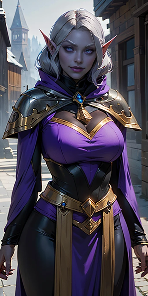 (Female drow elf chest covered very purple skin)(smile) pale golden hair and violet eyes. They prefer clothing of white and silver with cloaks of deep blue or purple, village background, huge knockers, ((very precise detailed)), ((high res)