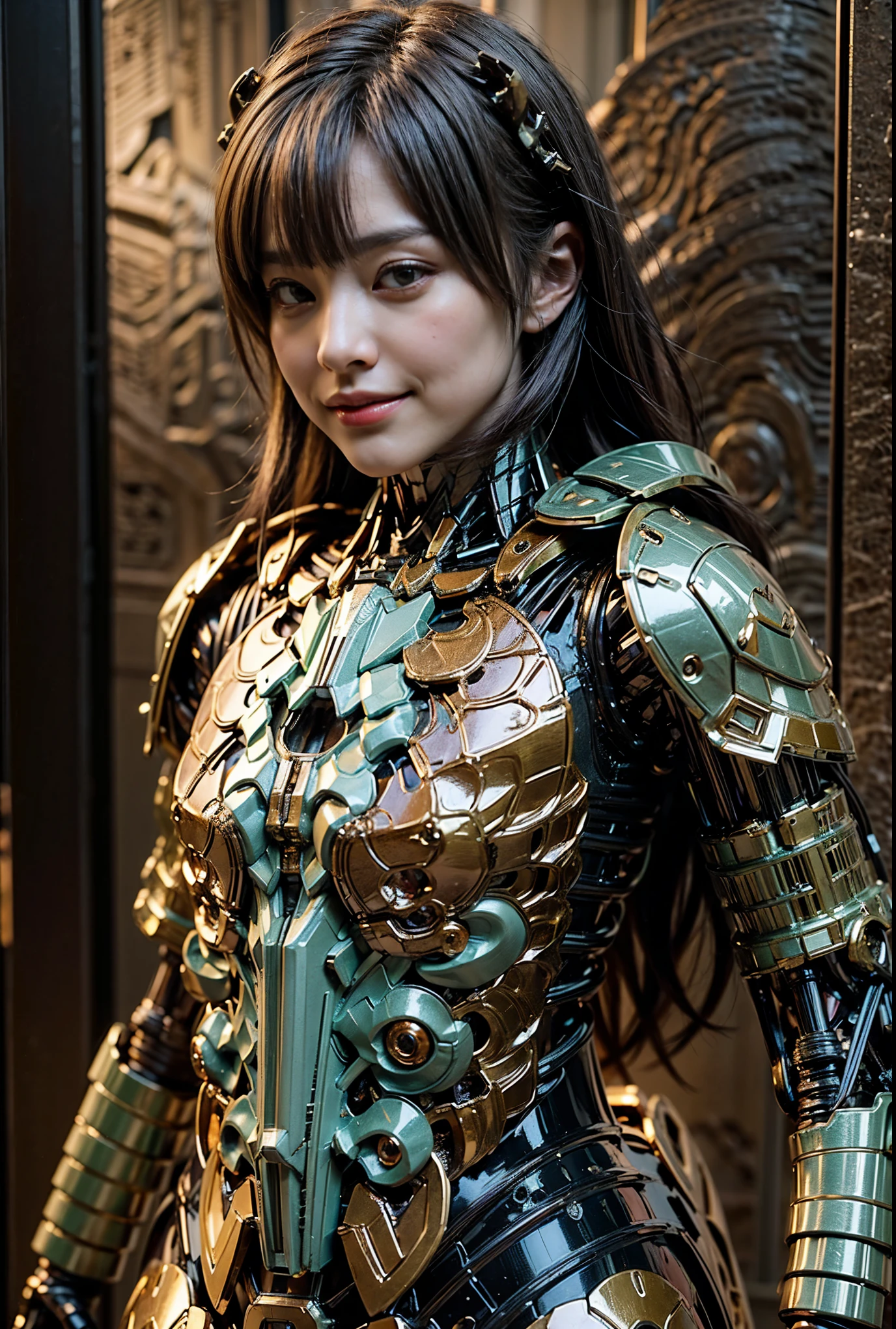 (high resolution,masterpiece,best quality,extremely detailed CG,),(japanese girl face), realistic, photorealistic, cinematic lighting, ultimately realistic all textures, ultimately intricate all details, all intricate, gloss and shiny,awesome many layers, 8k wall paper, 3d, ultimately cute face, ( solo:1.4), perfect female proportion,villainess, (fusion of bone and lady:1.4), (turtle form lady:1.2), (bone lady:1.2), (fusion:1.2), (solo:1.4), (smile:1.2), muscular, abs, (Armor composed of ultimately intricate detailed and complex parts), (Armor in which each part is composed of the ultimate in fine bone.), (Complex and three-dimensional shapes), (mechanical armor:1.3), (bone-type powered suit:1.2), (bone-type reinforced exoskeleton suit:1.4), (bone-type reinforced exoskeleton armor:1.2)