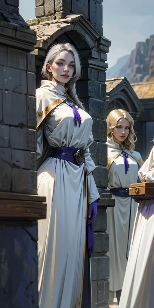 (Triplets)(chest covered)(smile)Gray skin, pale golden hair and violet eyes. They prefer clothing of white and silver with cloaks of deep blue or purple,village background, huge_knockers, ((very precise detailed)), ((highres)