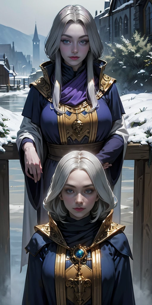 (Triplets)(chest covered)(smile)Gray skin, pale golden hair and violet eyes. They prefer clothing of white and silver with cloaks of deep blue or purple,village background, huge_knockers, ((very precise detailed)), ((highres)