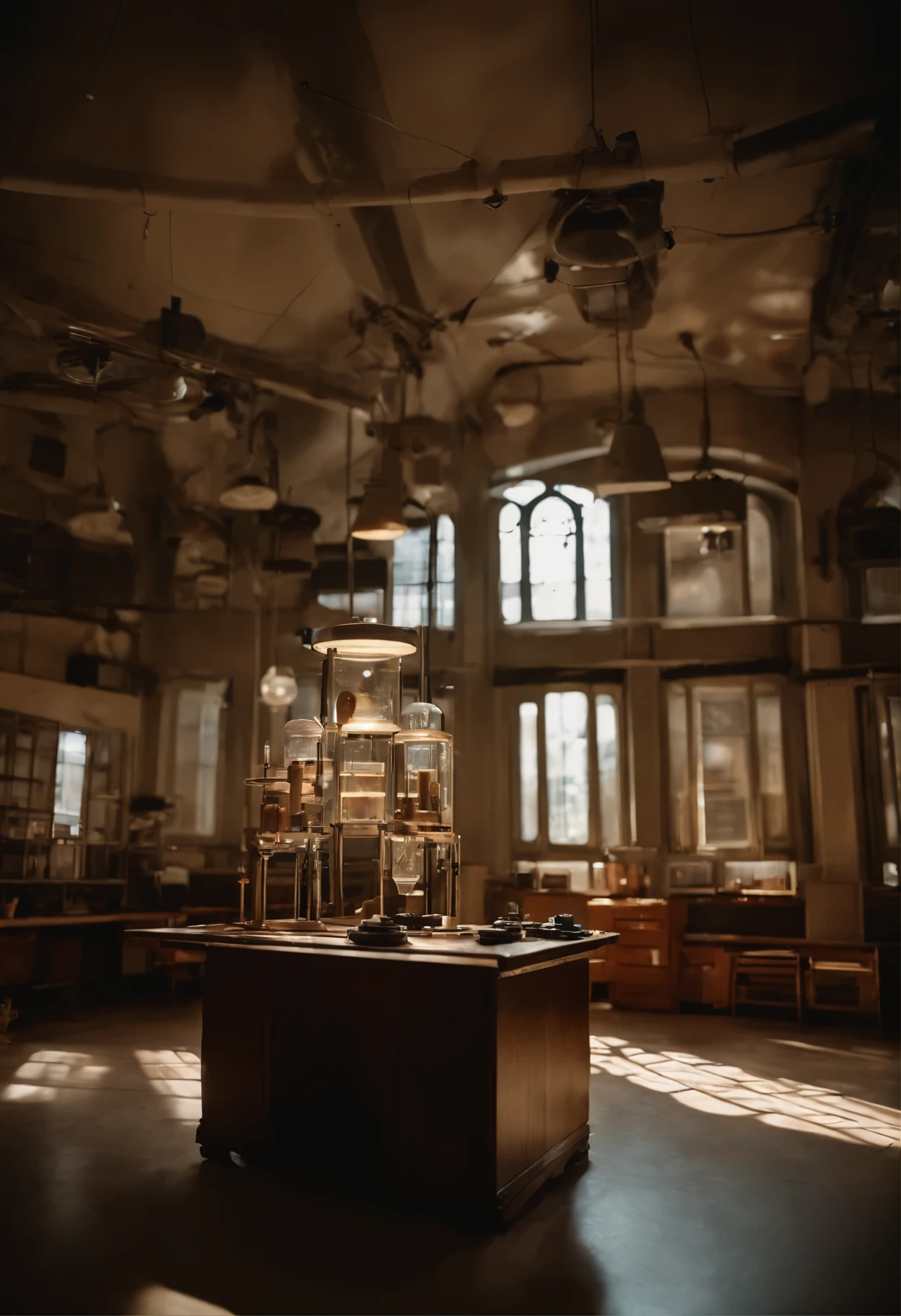 Old science lab Full-scale anatomy Human Model Test tube、Experimental equipment、Empty classroom、Diagonal light、after school、Leica Lens Real、Moon Stone、solar system model,A scene from a movie、Highest quality Wide angle Macro Lens