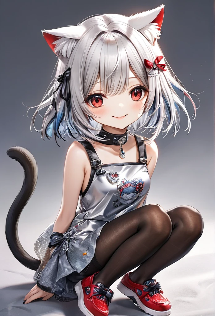 A girl with impressive silver hair、cat ears and tail、red eyes, silvee short bob hair, Hair、Black pantyhose、No sleeve、smile、cute shoes