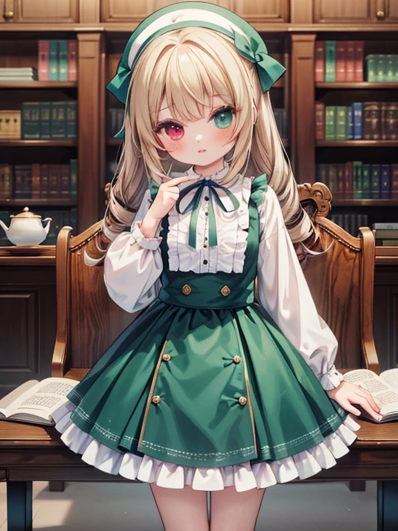 masterpiece, highest quality, Very detailed, 16k, Ultra-high resolution, Cowboy Shot, Detailed face, Perfect Fingers, A 14-year-old girl, Luxurious Western-style building, Bookshelf, Table seating, Chair, Tea making facilities, Chairに座って本を読む, suiseiseki, bonnet, head scarf, heterochromia, green dress, neck ribbon, twin drills, white socks, shoes 
