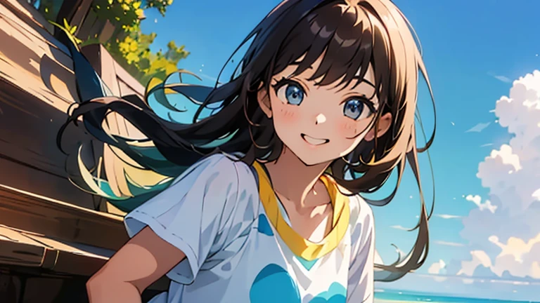 (masterpiece, highest quality, highest quality, Official Art, beautifully、beautiful:1.2), 1 girl,Daytime,blue sky,Sandy Beach,Cute older sister,Short sleeve,Upper Body,front,Semi-long hair,Hair color: Brown,Smile with mouth slightly open,Head to Knee