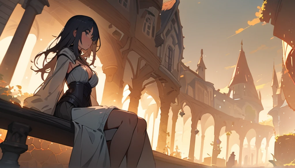 (masterpiece, highest quality:1.2), 1 girl, alone,Town,fantasy medieval,wizard.She's sitting on the bench.Warm background.She is looking in the distance.