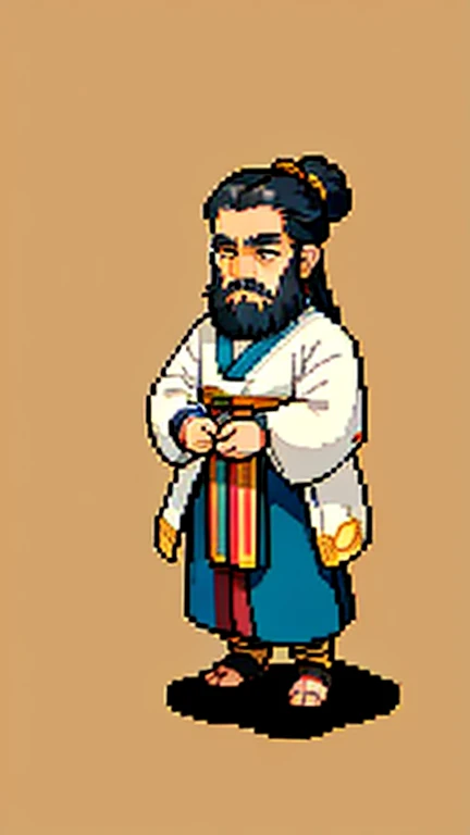 Old man in ancient Chinese costume、Wise Old Man、Looking into the camera、His hair is tied in a bun、Only one topknot、Long sleeve、Hanfu、Black Hair、Stand and pose、Pixel art、(masterpiece, highest quality, highest quality), pixel,pixel art,whole body,Characters in Romance of the Three Kingdoms、Transform、(beard)、Short Deformation、Old man with long beard