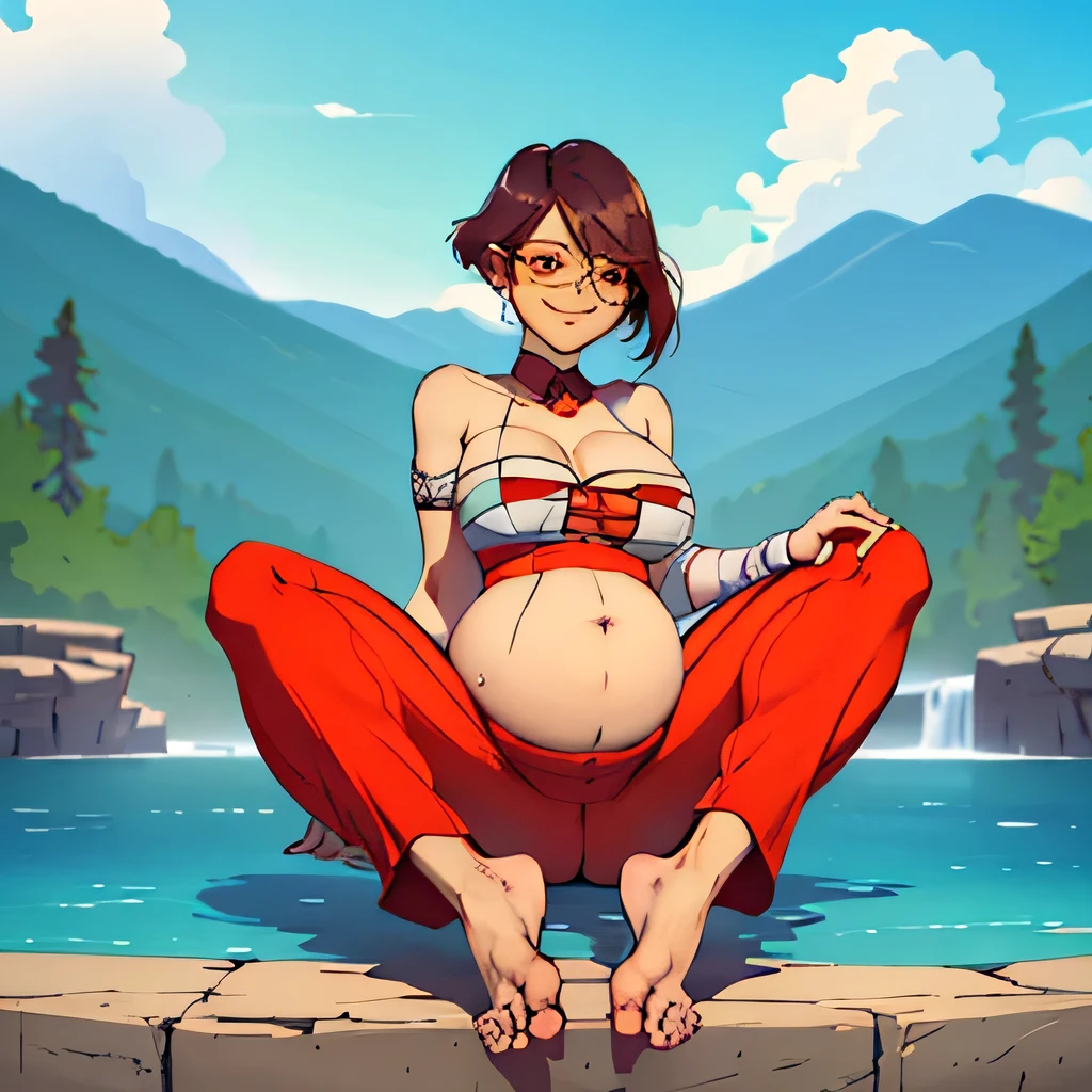 [Master Tigress], ((masterpiece)), ((HD)), ((high res)), ((solo portrait)), ((full body)), ((front view)), ((feet visible)), ((furry)), ((beautiful render art)), ((soft shading)), {tigress; (slim figure pregnant), (cute eyes), (detailed red iris), (curvy hips), (huge bloated belly)(big stomach),(giantess), (detailed muscles), pregnant, (beautiful legs), (beautiful feet), (sexy expression)}, pregnant, {(wrapped in bandages), (vore)(hands on stomach)(goddess)(bandage bandeau), (cleavage), (navel), (red kung fu pants)}, {(standing), (gluttonous smile), (looking at viewer)}, [Background; (mountains), (waterfall)(looking from bellow)(low angle), (steam), (fog), (blue sky), (sun rays), (ambient lighting)] pregnant 