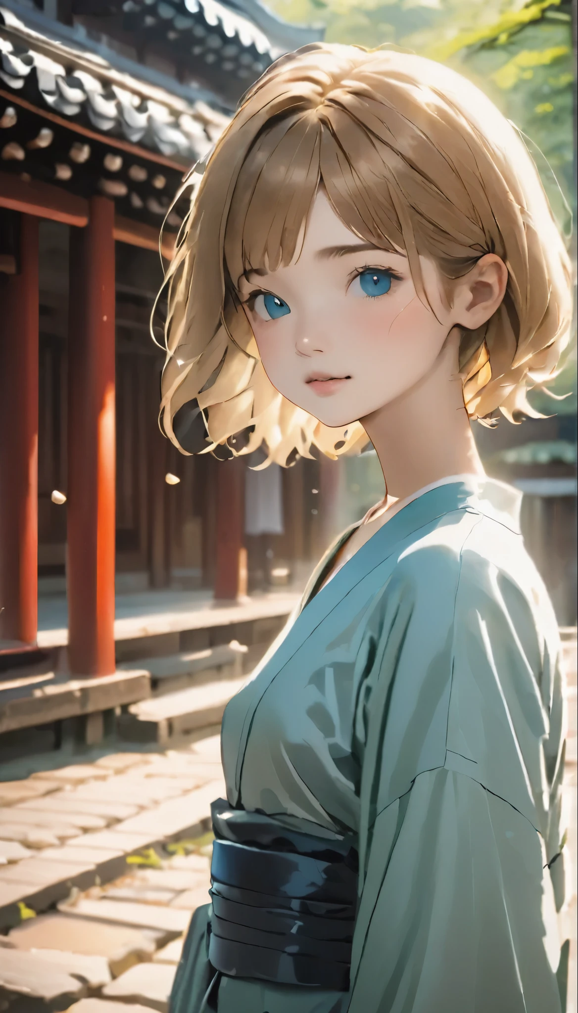 One Girl、cute、Duck mouth、Dimples、Ultra-detailed face and skin texture、Hair tied in a single bundle、Short Hair、Long sleeve T-shirt、hot pants、Japanese Buddhist Temples、Gravel grounds、Stroll around the temple grounds、Wabisabi、Create silence、highest quality、Masterpiece、Ultra-high resolution、8K