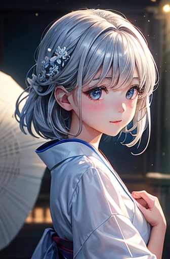 title: "A captivating moment for Van Bleu in a white kimono"

Illustration masterpieces, highest quality, Displaying a captivating young girl in a traditional white kimono. (Dynamic Lighting: 1.2), Cinematic lighting envelops her in elegance.., Casts a delicate shadow、Accentuate every detail、Silver Hair、Smiling, her delicate features are wonderful., Boasting keen observation skills, Realistic eyes that shine under the enchanting light. The complexity of her features is emphasized by the depth of field effect.., Leave the background in beautiful bokeh.

Hyper It