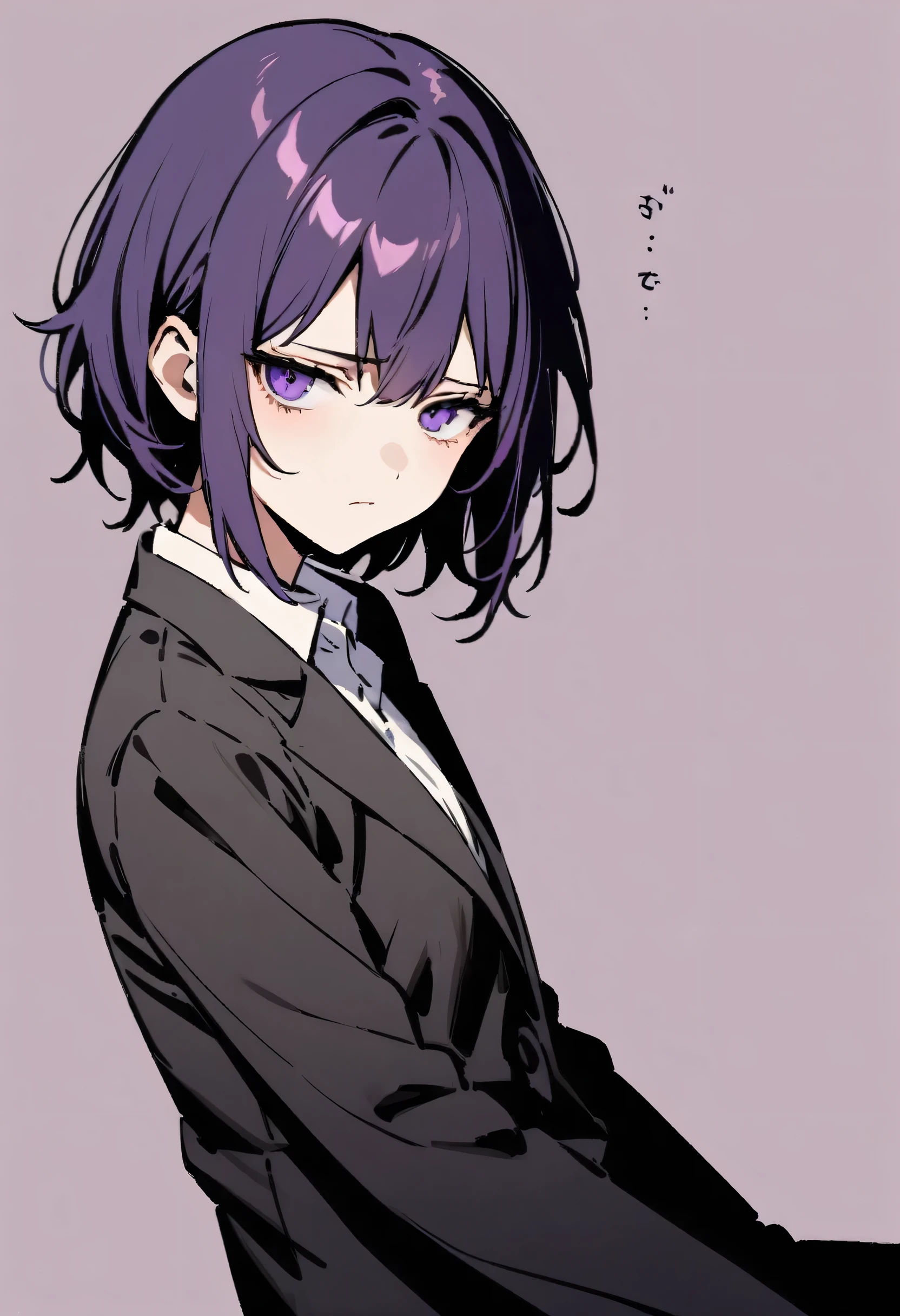 girl,Nice, 1 person, Dark atmosphere, Black purple background, Gloomy face、whole body、Tired look、Corporate Slavery、suit、My eyes are tired、Looks sleepy