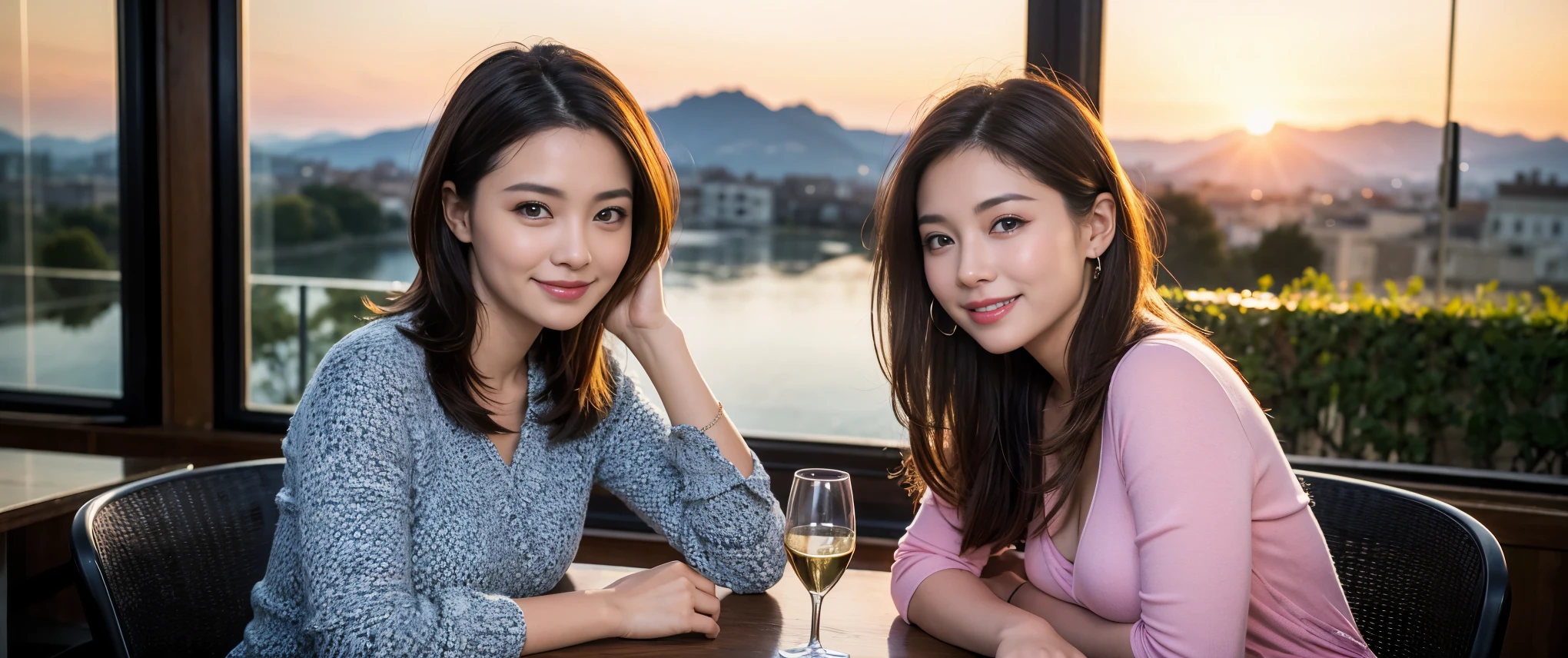 ((highest quality、8k、masterpiece:1.3))、1 male、1 female、Couple、Spouse、Couple、The body is slim、((Bob Hale、Straight hair:1.2)), (Realistic, Intricate details:1.2), テーブルの上のwine glass、Shine light on your face、 Amazing view of the sunset sky and clouds、Amazing mountain views、A bright smile、The wonderfulness of smile、Bright image、The beauty of wine, Beautiful Face, blue eyes, The light shines on your face, Blushing, short hair,Bright Face、 (Age 37), 39 years old, red wine 、Appetizers、Italian food、Wine bottle、Champagne、sparkling wine、Two beauties、Brown Hair、Shortcuts、Long sleeve shirt、dress、Pretty Woman 1, (slimな顔), (The body is slim), (Brown Hair), (Shortcuts), cheeks turn a little red,Attractive beauty、restaurant, In a prominent place (From the waist up) Nova Frog Style, actress, model, Upper Body, White wine, slim, wine glass, 中央に置かれたwine glass, smile, (smile: 1.15), Beautiful fine grain, Depth f/2,saturation, High Contrast, Strong light and shadow,Moist Body:1.5、3D texture、Delicate eyes、Brown Hair、The hair is very shiny、