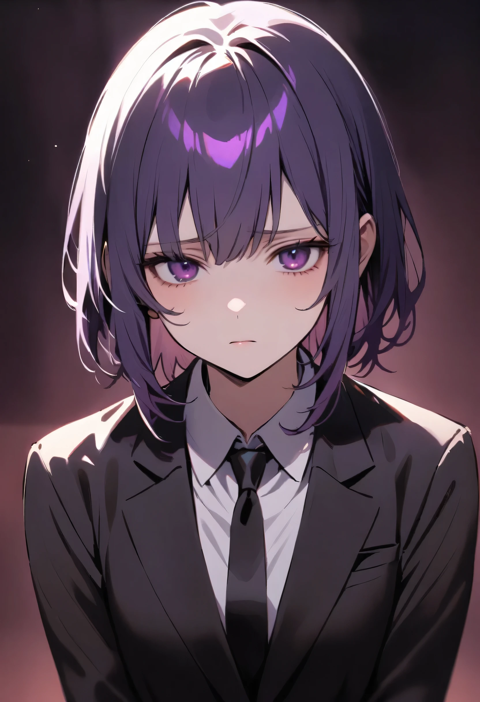 girl,Nice, 1 person, Dark atmosphere, Black purple background, Gloomy face、whole body、Tired look、Corporate Slavery、suit、My eyes are tired、Looks sleepy