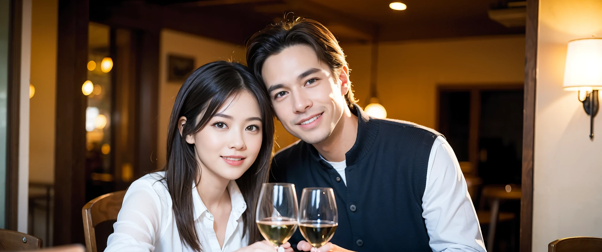 ((highest quality、8k、masterpiece:1.3))、1 male、1 female、Couple、Spouse、Couple、The body is slim、((Bob Hale、Straight hair:1.2)), (Realistic, Intricate details:1.2), テーブルの上のwine glass、Shine light on your face、 Amazing view of the sunset sky and clouds、Amazing mountain views、A bright smile、The wonderfulness of smile、Bright image、The beauty of wine, Beautiful Face, blue eyes, The light shines on your face, Blushing, short hair,Bright Face、 (Age 37), 39 years old, red wine 、Appetizers、Italian food、Wine bottle、Champagne、sparkling wine、Two beauties、Brown Hair、Shortcuts、Long sleeve shirt、dress、Pretty Woman 1, (slimな顔), (The body is slim), (Brown Hair), (Shortcuts), cheeks turn a little red,Attractive beauty、restaurant, In a prominent place (From the waist up) Nova Frog Style, actress, model, Upper Body, White wine, slim, wine glass, 中央に置かれたwine glass, smile, (smile: 1.15), Beautiful fine grain, Depth f/2,saturation, High Contrast, Strong light and shadow,Moist Body:1.5、3D texture、Delicate eyes、Brown Hair、The hair is very shiny、
