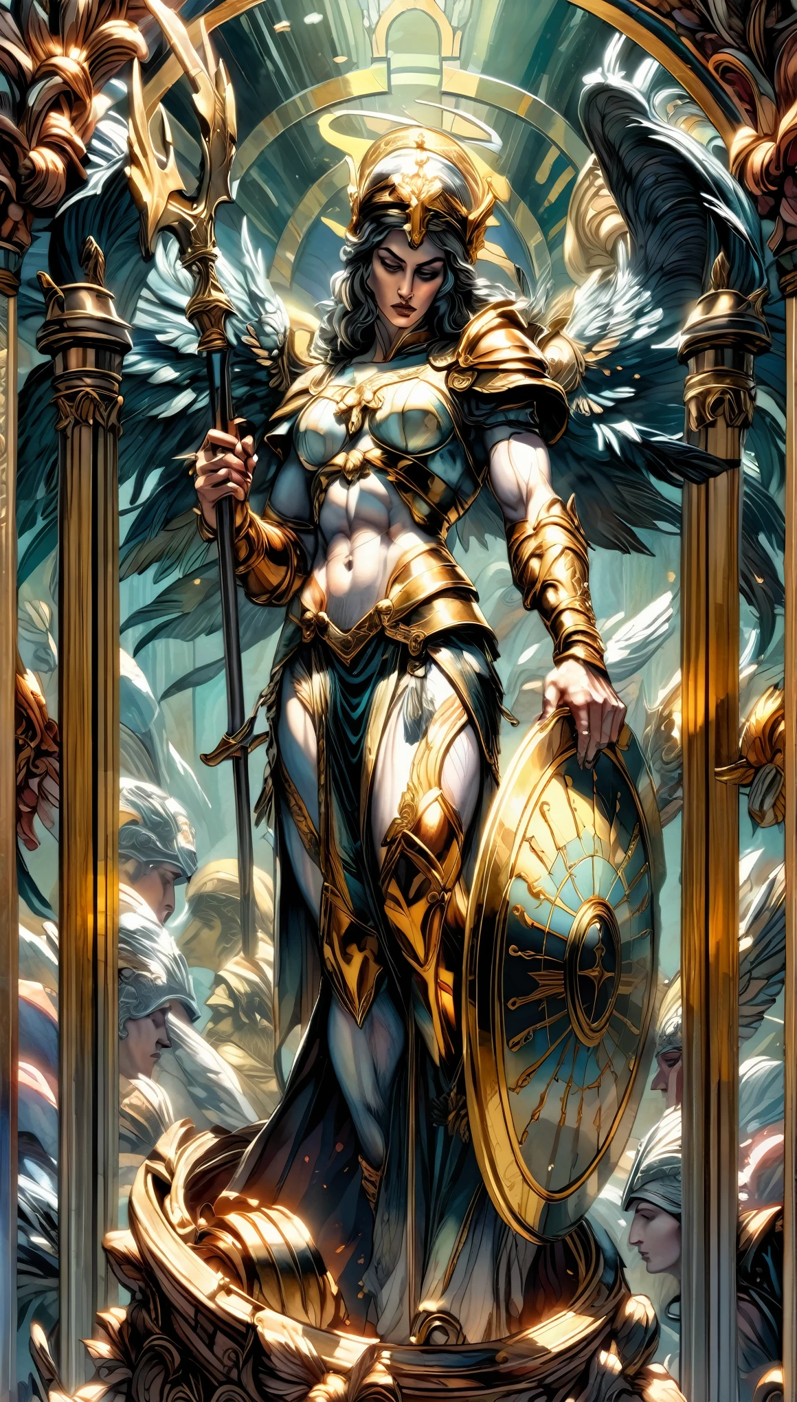 a stained glass image of a muscular goddess athena in the style of greek orthodox paintings, holding a spear and shield dressed in ancient greek style armor, full body view, looking at the viewerthe, awakening tarot card with a highly ornate decorative frame, stained glass, surrealism, warm color tones, intricate details, abstract, by alphonse mucha, 4K, ultra HD, super resolution, 
