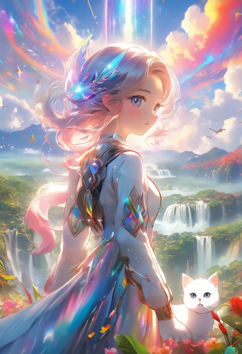 (8K、RAW photos、best quality、look up:1.2、masterpiece:1.2、realistic、Ultra-high resolution、High contrast、Light子映射、real、Super detailed、Official Art, RAW photos、professional Lighting、 Light、Lively atmosphere、twiceLight), Spectacular panoramic views include flying islands and waterfalls、Spectacular landscape with colorful clouds、 A girl is looking at the scenery。A white kitten is watching 。 The entire work expresses a highly fantasy world view.、The grand composition and proportions are beautifully depicted.。Guardian nebula of rainbow Light and silvery vapor、The Corrosive Siege Ray Family Lights up the sky、There&#39;s a sticky feeling in the air.。In this world, Kindness and joy shine through、Stunning scenery adds color to the story。