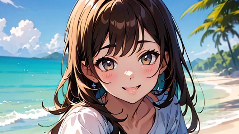 (masterpiece, highest quality, highest quality, Official Art, beautifully、beautiful:1.2), 1 girl,Daytime,blue sky,Sandy Beach,Cute older sister,Short sleeve,Upper Body,front,Semi-long hair,Hair color: Brown,Smile with mouth slightly open,Head to Knee