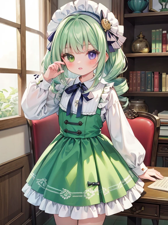 masterpiece, highest quality, Very detailed, 16k, Ultra-high resolution, Cowboy Shot, Detailed face, Perfect Fingers, A , Luxurious Western-style building, Bookshelf, Table seating, Chair, Tea making facilities, Chairに座って本を読む, suiseiseki, bonnet, head scarf, heterochromia, green dress, neck ribbon, twin drills, white socks, shoes