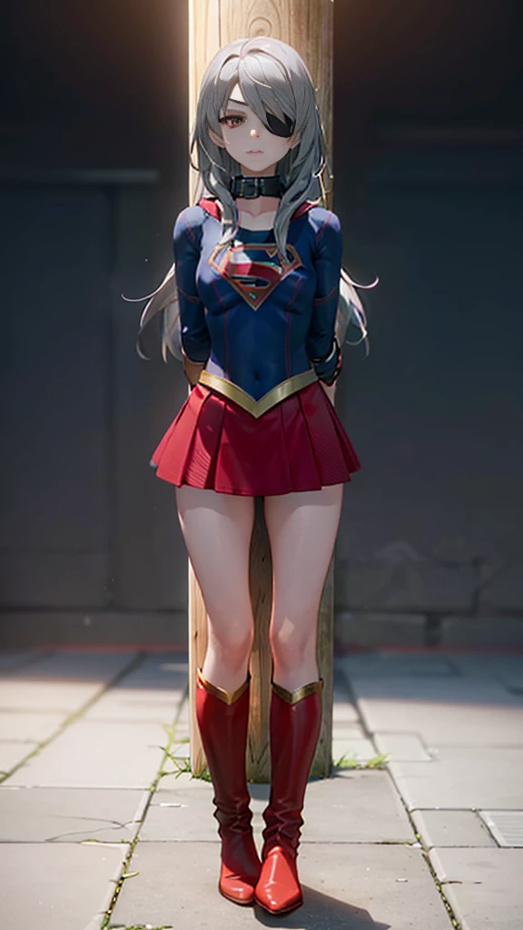 (whole body), (masterpiece:1.2), (Highest_quality:1.2), (Ultra_detailed:1.3), 8k,Low Angle，From below，1 girl，solo，Big ass girl, Frustrated face，Glare，Watch the audience，Mid-chest, barefoot，Red long boots，3D Rendering,( Supergirl)，Laura Bodewig, Long Hair, (Red eyes:1.3), Grey Hair, Eye patch,Red Skirt，The skirt is short,，A blue leotard is visible under the skirt.，The skirt is blown away by the wind，Red Cape，gloves，Simple Background，White Background，(STANDING BY WOODEN POLE)，Iron Collar, Put your arms behind your back, Iron Cuffs, bondage, bound,