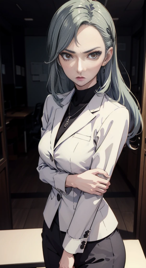 (((masterpiece))) Sae Niijima, wearing an office lady suit, long pants, in an office, standing, serious looks, bright