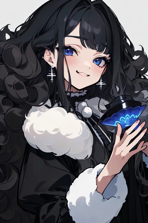 (highest quality、masterpiece:1.2), ((young woman)), young face、black hair、BLUE eyes, (dark eye shadow、lots of earrings) gothic dress, black dress, victorian dress, (((fluffy black hair))), makeup, finely detailed, (best quality), (intricate details), ((Long jet black hair)), ((Hair is black and fluffy)), best quality, beautiful face, cute face, pinup, perfect face, (((blue eyes))), ((curly long hair)), bratty, smug face, ((Bratty smile, happy)), ((((Long Curly fluffly hair))))