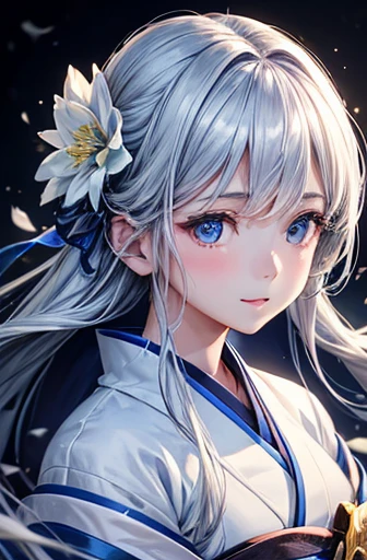title: "A captivating moment for Van Bleu in a white kimono"
Illustration masterpieces, highest quality, Displaying a captivating young girl in a traditional white kimono. (Dynamic Lighting: 1.2), Cinematic lighting envelops her in elegance..., Casts a delicate shadow、Highlight every detail、Silver Hair、smile, Her delicate features are wonderful., Boasting keen observation skills, Realistic eyes that sparkle under mesmerizing light. The complexity of her features is emphasized by the depth of field effect..., Leave the background in beautiful bokeh、Flower Hair Ornament Hyper It