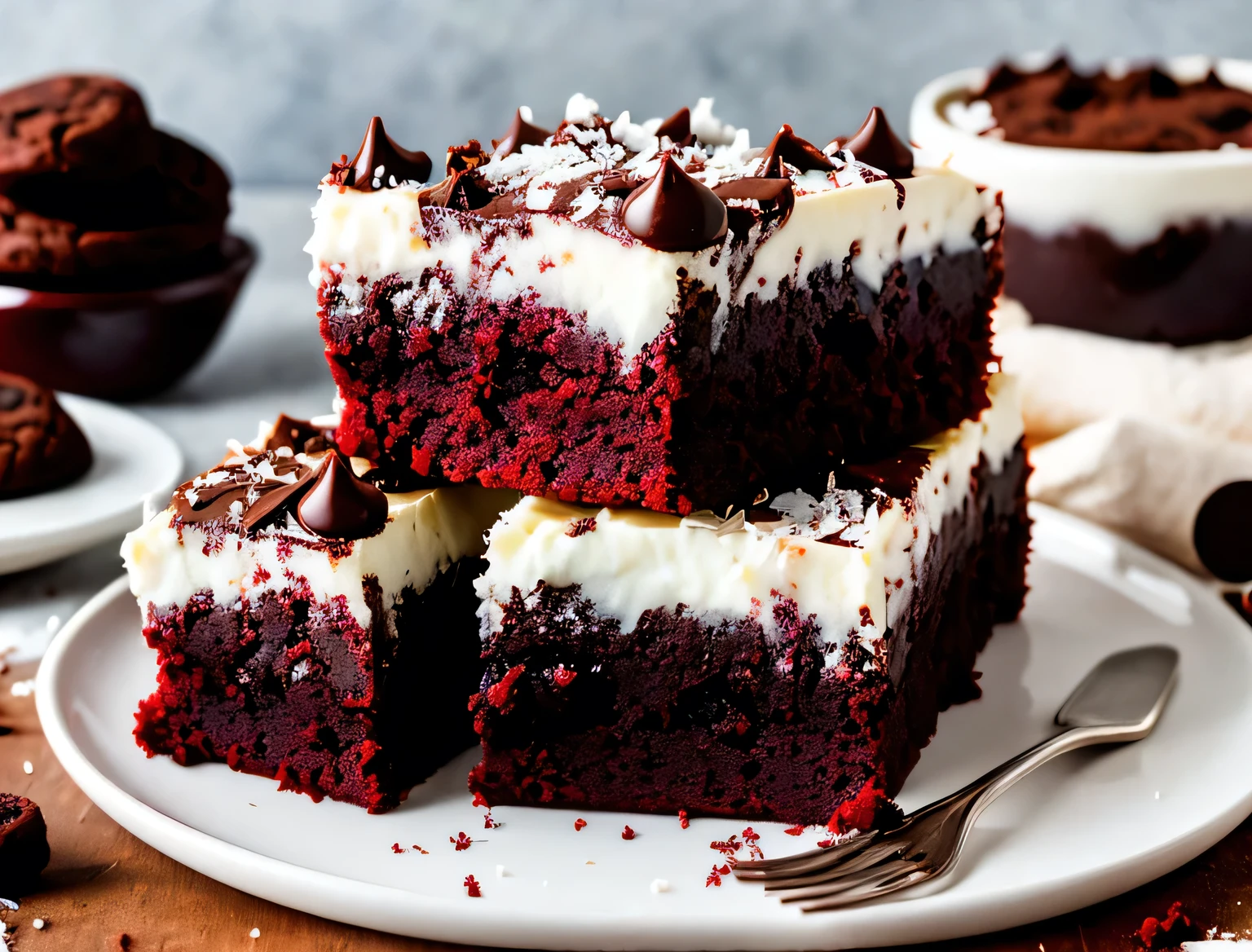 red velvet,cookie,chocolate and coconut brownies kept on table looking real