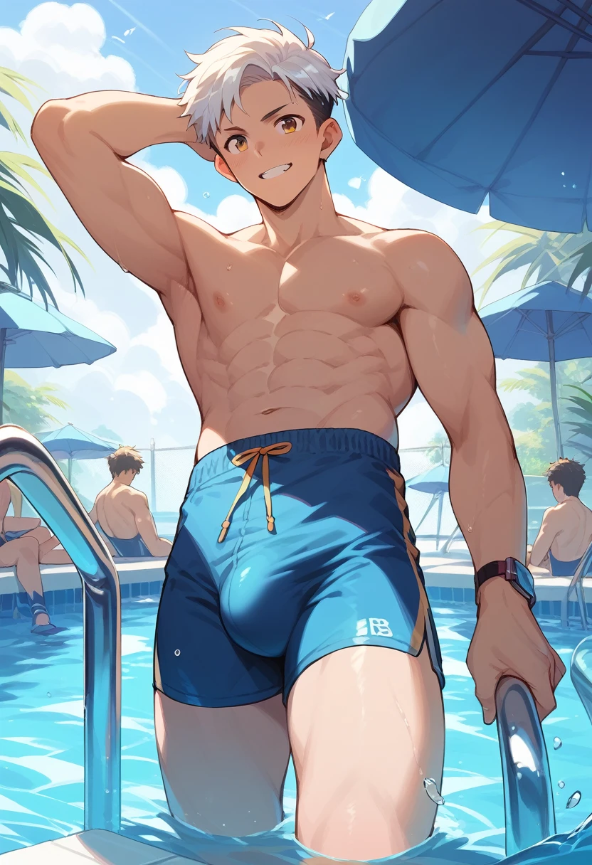 (score_9,score_8_up,score_7_up,score_6_up,score_5_up,score_4_up), best quality, best lighting, high-definition background, , 1 boy is 18 yo, muscled, topless, swimware, big bulge, big smiling, public pool