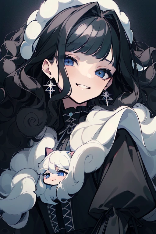 (highest quality、masterpiece:1.2), ((young woman)), young face、black hair、BLUE eyes, (dark eye shadow、lots of earrings) gothic dress, black dress, victorian dress, (((fluffy black hair))), makeup, finely detailed, (best quality), (intricate details), ((Long jet black hair)), ((Hair is black and fluffy)), best quality, beautiful face, cute face, pinup, perfect face, (((blue eyes))), ((curly long hair)), bratty, smug face, ((Bratty smile, happy)), ((((Long Curly fluffy hair))))
