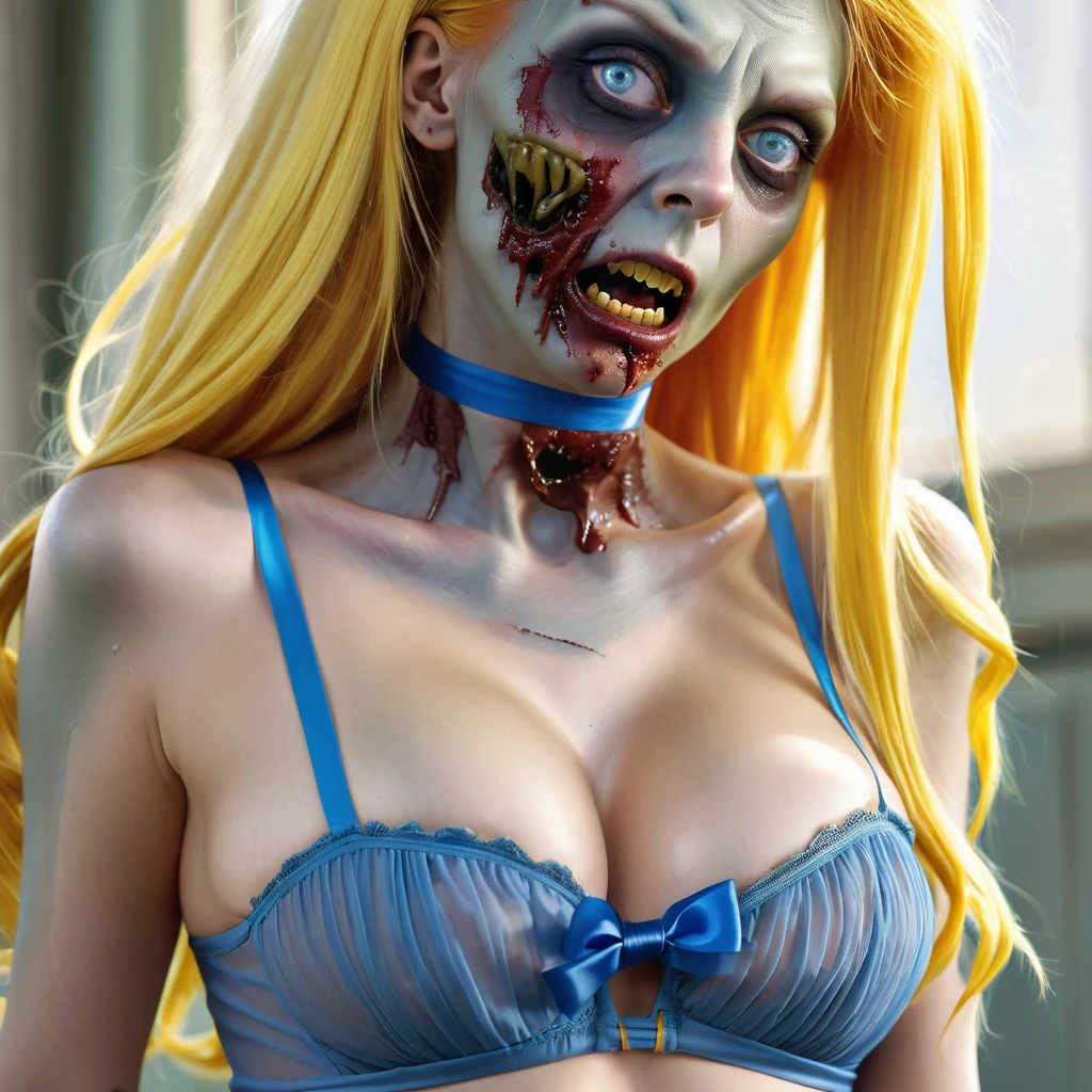 (finely detailed beautiful eyes and detailed zombie face,masterpiece sidelighting,masterpiece,best quality,detailed,high resolution illustration),, (depraved topless zombie girl,whole body,sundress,lustrous skin,looking down,looking at viewer),, (yellow hair,blue eyes,ribbon, sheer clothes), (clothed_underbust:1.2),underboob