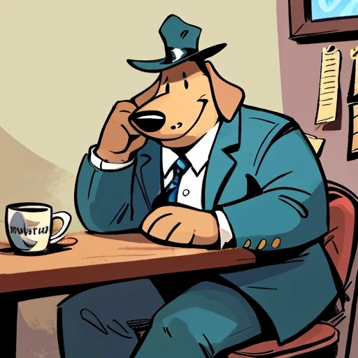 Solo male, sam, dog, tall, stocky body, slightly chubby, mature, long droopy dog ears, black eyes, brown fur, blue grey suit and pants, blue grey hat, blue and black striped necktie, (by dramamine, by haps), (hi res, best quality, high quality, detailed, shaded, shading, masterpiece:1.2), detailed clothing, smirk, relaxed, head on hand, coffee mug, sitting in office chair