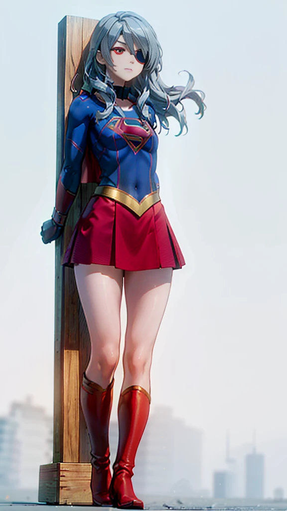 (whole body), (masterpiece:1.2), (Highest_quality:1.2), (Ultra_detailed:1.3), 8k,Low Angle，From below，1 girl，solo，Big ass girl, Frustrated face，Glare，Watch the audience，Mid-chest, barefoot，Red long boots，3D Rendering,( Supergirl)，Laura Bodewig, Long Hair, (Red eyes:1.3), Grey Hair, Eye patch,Red Skirt，The skirt is short,，A blue leotard is visible under the skirt.，The skirt is blown away by the wind，Red Cape，gloves，Simple Background，White Background，(STANDING BY WOODEN POLE)，Iron Collar, Put your arms behind your back, Iron Cuffs, bondage, bound,