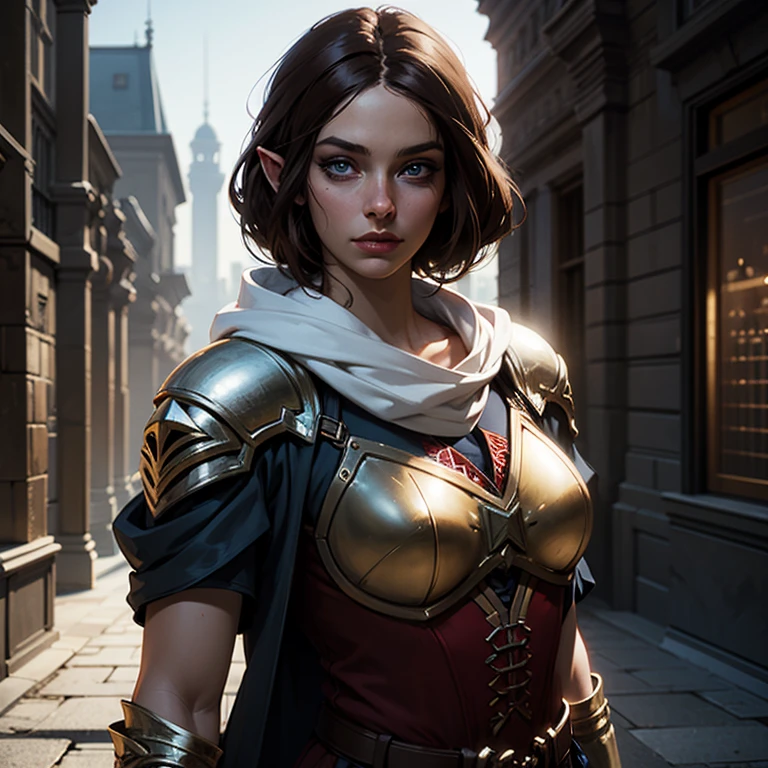 A full-body shot of Princess Zelda, brown hair, blue eyes, dressed as an Assassin from Assassins Creed, in white+gold witha white mask and hood with gold details, XL bust, using a wrist blade. Background: A city during the renaissance period. Unreal Engine 5, Anime, Anime style, Masterpiece, Well drawn eyes, well drawn face, well detailed eyes, well detailed face, 8k, light and shadow effect.