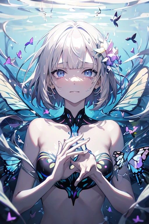titlefont polychrome, glitch,(surreal:1.3), (chromatic aberration), (beautiful young female:1.4), (streaming tears), sad, (butterflies:1.2), (blue purple flowers), looking at viewer, partially submerged, hand on own face, topless, (white hair, short hair, bangs:1.2), hair flower, (glowing eyes), smirking, ripples, dark water, black background, (prismatic), iridescent, holographic,