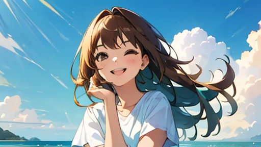 (masterpiece, highest quality, highest quality, Official Art, beautifully、beautiful:1.2), 1 girl,Daytime,blue sky,Sandy Beach,Cute older sister,Short sleeve,Upper Body,front,Semi-long hair,Hair color: Brown,Smile with mouth slightly open,Head to Knee
