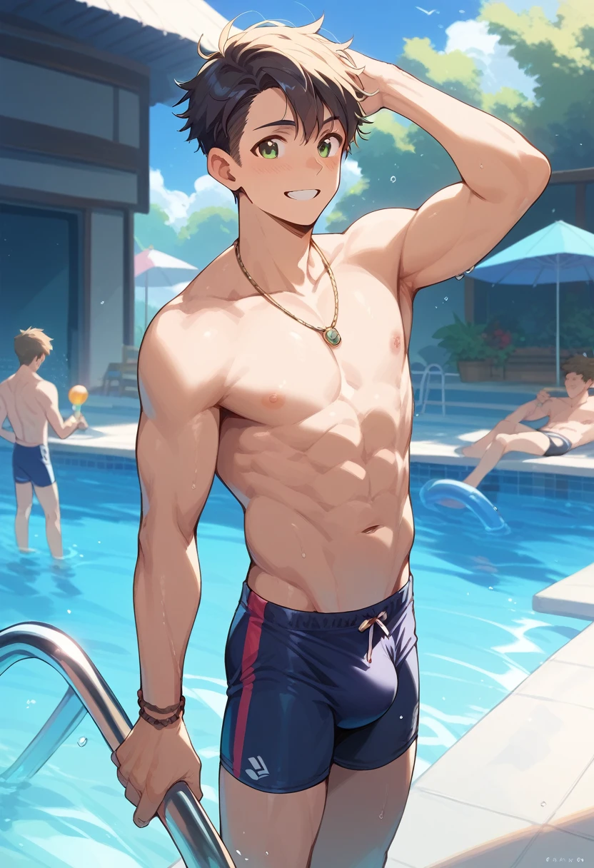 (score_9,score_8_up,score_7_up,score_6_up,score_5_up,score_4_up), best quality, best lighting, high-definition background, , 1 boy is 18 yo, muscled, topless, swimware, big bulge, big smiling, public pool