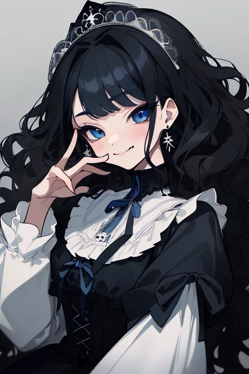 (highest quality、masterpiece:1.2), ((young woman)), young face、black hair、BLUE eyes, (dark eye shadow、lots of earrings) gothic dress, black dress, victorian dress, (((fluffy black hair))), makeup, finely detailed, (best quality), (intricate details), ((Long jet black hair)), best quality, beautiful face, cute face, pinup, perfect face, (((blue eyes))), ((curly long hair)), bratty, smug face, ((Bratty smile, happy))