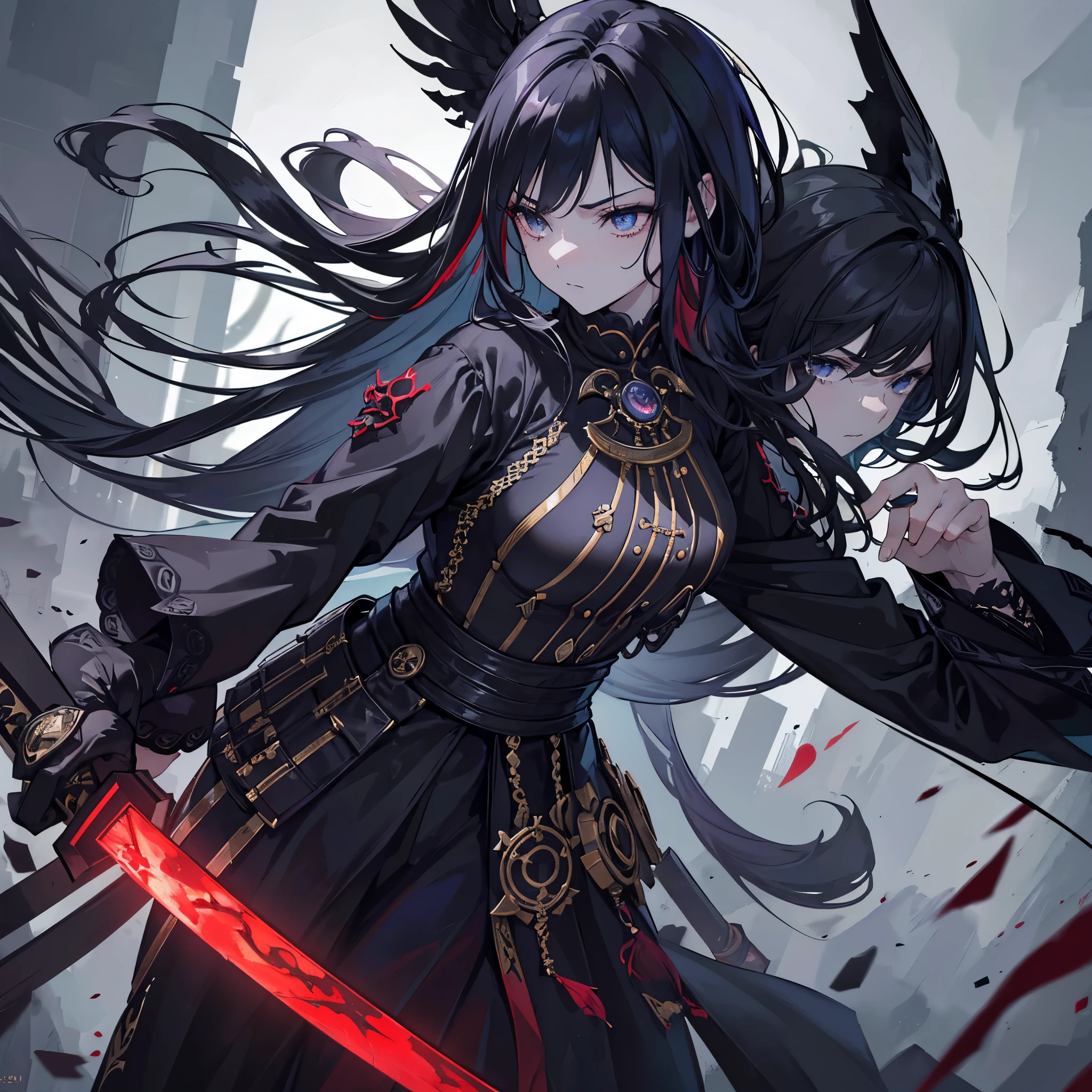 A young woman with dark black eyes, standing tall and holding a katana, her clothes stained with blood, (best quality,8k,highres,masterpiece:1.2),ultra-detailed,(realistic,photorealistic,photo-realistic:1.37),hyperrealistic,hyperdetailed,cinematic lighting,dramatic pose,dark fantasy,dark sci-fi,dark horror,dystopian,chiaroscuro,moody colors,dramatic shadows,intense colors,vibrant colors,dramatic lighting,volumetric lighting,cinematic composition,intricate details,intricate background,intricate clothing,exquisite detail,highly detailed,sharp focus,elegant,graceful,powerful,imposing,ominous,unsettling,mysterious,intriguing