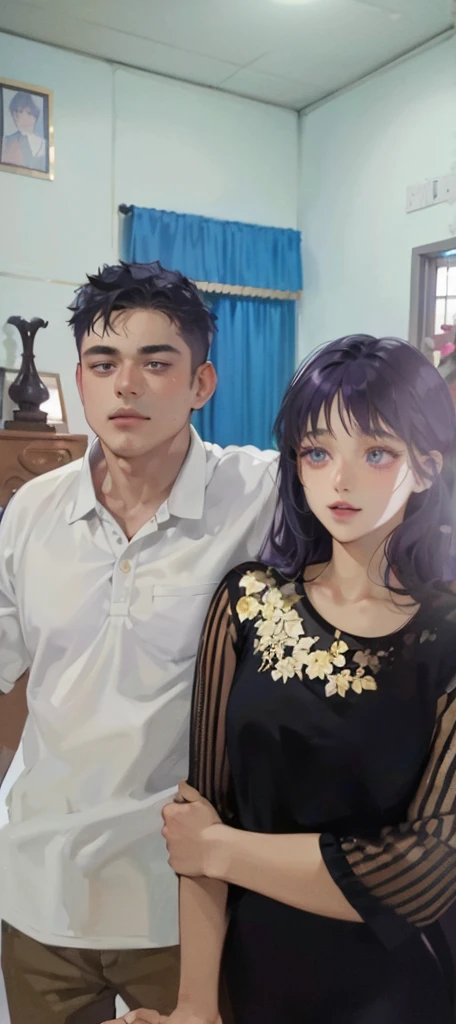 white background、((Man with purple hair))、droppy eyes、blue eyeole on face、man in white shirt、Short-haired man、Handsome guy、chest、center parting man、black slacks、smile、16 year old male、adult woman、woman in a black dress、long hair girl、 man holding a woman、man and woman hugging each other、brown hair girl、beautiful boy、girl with bangs、detailed face、clear face、Side hugging