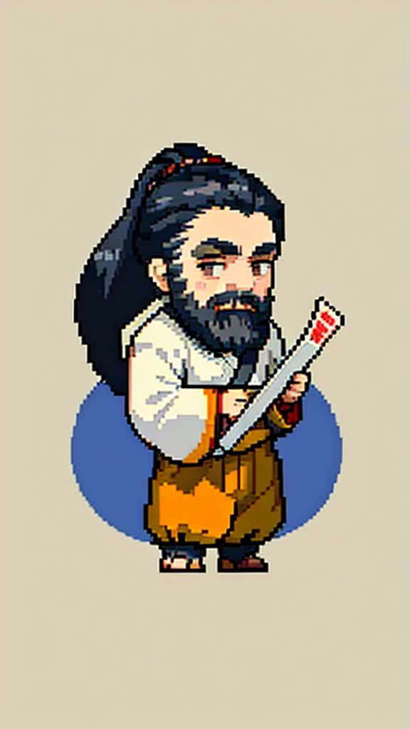 Old man in ancient Chinese costume、Wise Old Man、Looking into the camera、His hair is tied in a bun、Only one topknot、Long sleeve、Hanfu、Black Hair、Stand and pose、Pixel art、(masterpiece, highest quality, highest quality), pixel,pixel art,whole body,Characters in Romance of the Three Kingdoms、Transform、(beard)、Short Deformation、Old man with long beard