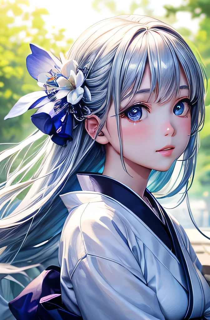 title: "A captivating moment for Van Bleu in a white kimono"

Illustration masterpieces, highest quality, Displaying a captivating young girl in a traditional white kimono. (Dynamic Lighting: 1.2), Cinematic lighting envelops her in elegance..., Casts a delicate shadow、Highlight every detail、Silver Hair、smile, Her delicate features are wonderful., Boasting keen observation skills, Realistic eyes that sparkle under mesmerizing light. The complexity of her features is emphasized by the depth of field effect..., Leave the background in beautiful bokeh、Flower Hair Ornament Hyper It