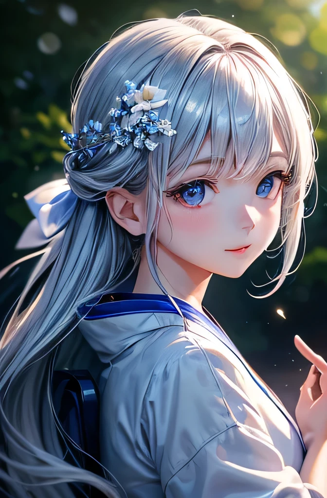 title: "A captivating moment for Van Bleu in a white kimono"
Illustration masterpieces, highest quality, Displaying a captivating young girl in a traditional white kimono. (Dynamic Lighting: 1.2), Cinematic lighting envelops her in elegance..., Casts a delicate shadow、Highlight every detail、Silver Hair、smile, Her delicate features are wonderful., Boasting keen observation skills, Realistic eyes that sparkle under mesmerizing light. The complexity of her features is emphasized by the depth of field effect..., Leave the background in beautiful bokeh、Flower Hair Ornament Hyper It