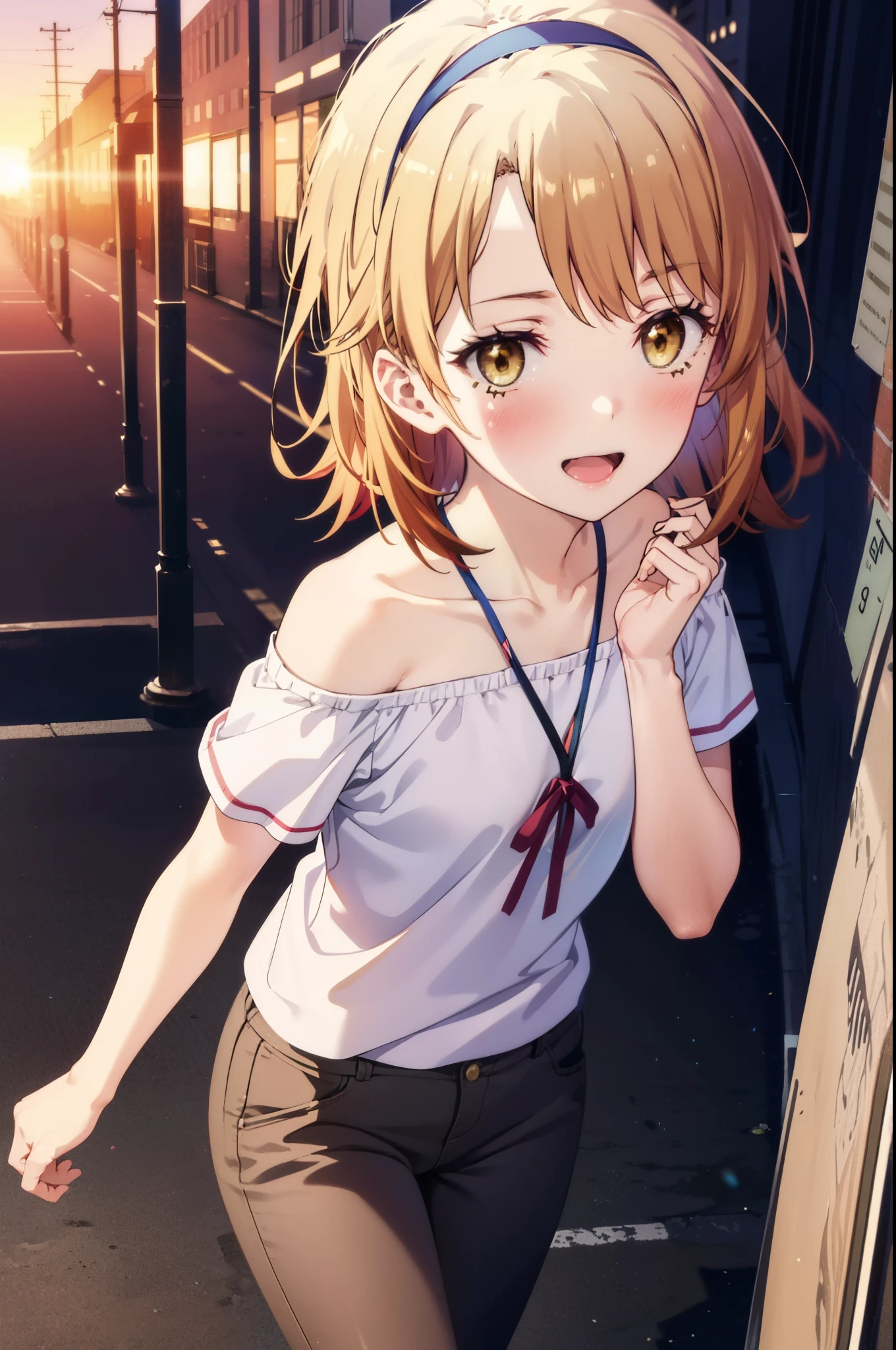 irohaisshiki, iroha isshiki, short hair, Brown Hair, (Brown eyes:1.5),happy smile, smile, Open your mouth,
hair band,Cord off-shoulder top,Short sleeve,skinny pants,Stiletto heels,morning,morning陽,The sun is rising,walk,whole bodyがイラストに入るように,Looking down from above,
break outdoors, city,area,
break looking at viewer, whole body,
break (masterpiece:1.2), highest quality, High resolution, unity 8k wallpaper, (shape:0.8), (Beautiful details:1.6), Highly detailed face, Perfect lighting, Extremely detailed CG, (Perfect hands, Perfect ???????),