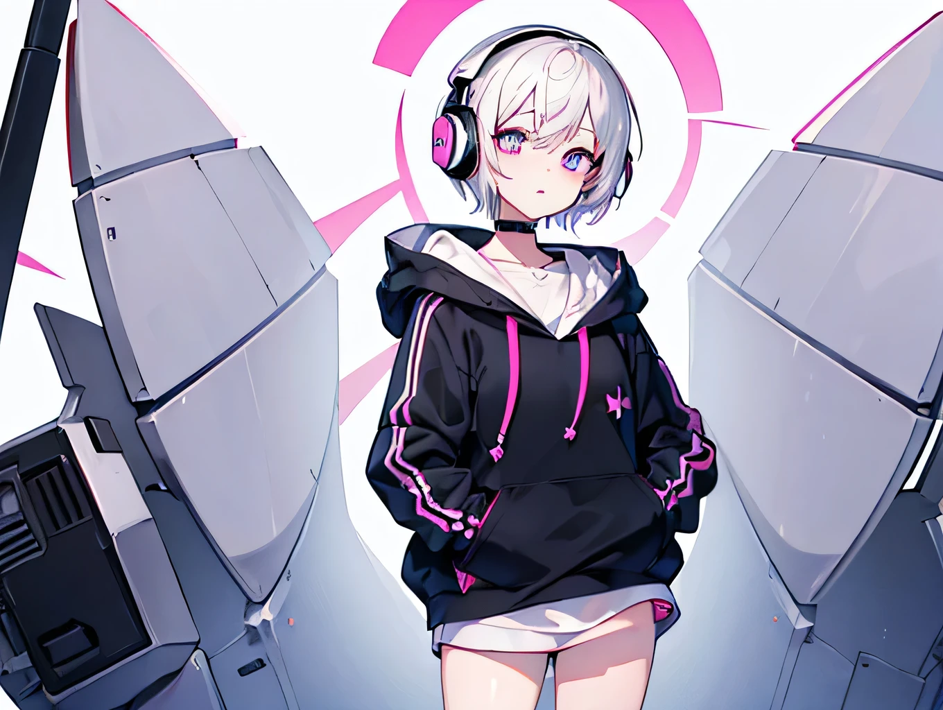 (masterpiece, highest quality:1.6), one person, Thick outline, (Simple Background, Plain white background, Monochrome), Official Art, Key Visual, 8k, Character portrait,whole body, (Pixie Cut, Plain oversized hoodie, Wearing a hood, Short torso:1.2,Headphones), Thighs, High resolution, Sharp focus, High resolution, Most detailed, Very detailed, Very detailed, finely, Detailed eyes and face, Sharp pupils, Contrast between pink and white, one person, Put your hands in your pockets