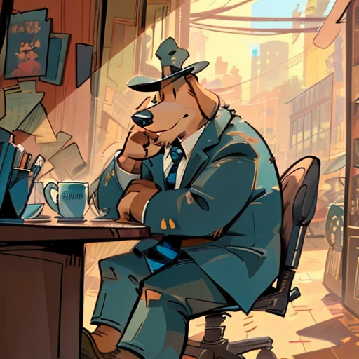 Solo male, sam, dog, tall, stocky body, slightly chubby, mature, long droopy dog ears, black eyes, brown fur, blue grey suit and pants, blue grey hat, blue and black striped necktie, (by dramamine, by haps), (hi res, best quality, high quality, detailed, shaded, shading, masterpiece:1.2), detailed clothing, smirk, relaxed, head on hand, coffee mug, sitting in office chair