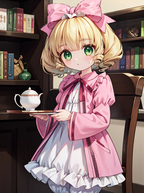 masterpiece, highest quality, Very detailed, 16k, Ultra-high resolution, Cowboy Shot, Detailed face, Perfect Fingers, A 14-year-old girl, Luxurious Western-style building, Bookshelf, Table seating, Chair, Tea making facilities, Chairに座って本を読む, hair bow, ribbon, drill hair, green eyes, short hair, pink dress, white bloomers, white pantyhose, hinaichigo